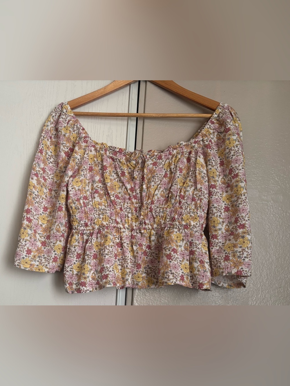 Arizona Jean Company Pink and Yellow Floral Off-Shoulder Crop Top